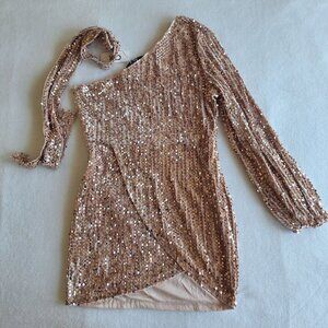 NWT CBR Fully Sequined Tan Golden Dress Size L Formal Festive Evening Cocktail